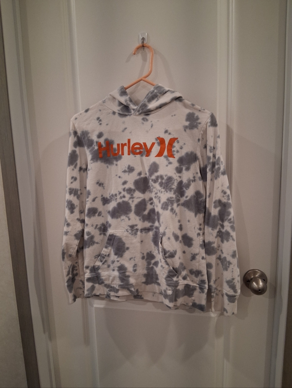 Hurley White and Light Gray Tie-Dye Hoodie with Orange Logo Size Large